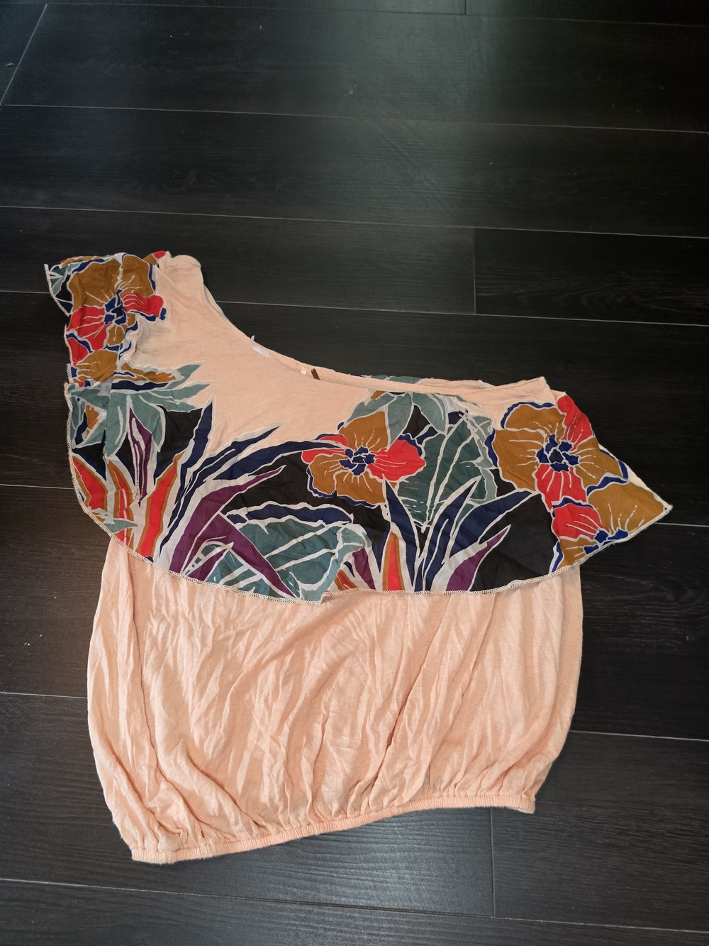 Free People Peach One-Shoulder Crop Top with Multicolor Floral Yoke